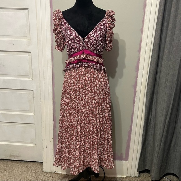 Anthropologie En Saison Red Ditzsy Midi Dress Sz XS Floral Chiffon Pleated Skirt - Picture 2 of 14